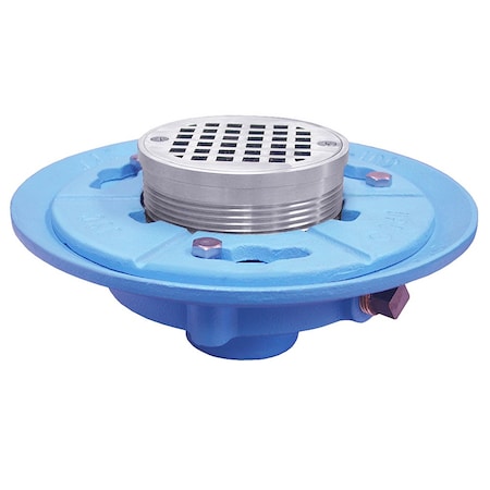 Jones Stephens 2in IPS Code Blue Floor Drain, 7in Pan, 5in Chrome Plated Round Strainer, Height 2-7/8in - 4-1/2in D65622
